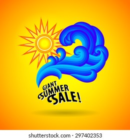 Vector illustration with waves and sun symbol and splashing water on bright yellow background. Design template for hotel logo or beach party invitation. Concept of summer sale and vacation