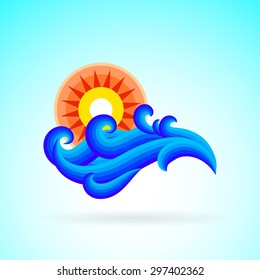 Vector illustration with waves and sun symbol and splashing water on blue background. Design template for hotel logo or beach party invitation in retro style. Concept of summer sale and vacation