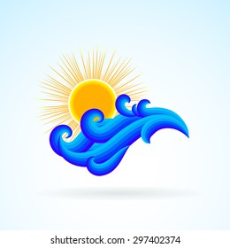 Vector illustration with waves and sun symbol and splashing water on sky blue background. Design template for hotel logo or beach party invitation. Concept of summer sale and vacation