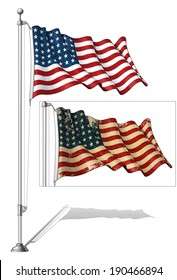 Vektorgrafik einer schwungvollen 48-Sterne-US-Flagge in einer sauberen und gealterten Version, auf einer Fahne. Das waren die USA während des Ersten Weltkriegs, des Zweiten Weltkriegs und des Koreakrieges. Beide Versionen sind in separaten Gruppen vorhanden. 