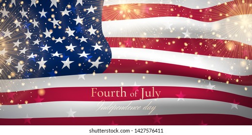 Vector illustration with waving american flag and gold fireworks for Independence day celebration. Festive background with close-up of flag of United States for greeting banner or flyer for July 4th.