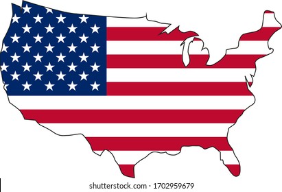 Ilustración vectorial de ondear la bandera estadounidense sobre fondo oscuro. Bandera de los Estados Unidos con mapa de silueta de Estados Unidos.