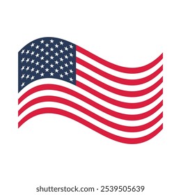 Vector illustration of the waving American flag. The flag is rectangular and features three horizontal stripes in red, white, and blue colors from top to bottom. On the left side of the flag, there