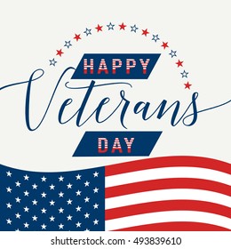 Ilustração vetorial da bandeira americana acenando com letras Happy Veterans Day. 11 de novembro Estados Unidos da América veteranos dia design velho estilo. Dia dos Veteranos retrô cartaz comemoração design
