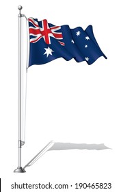 Vector Illustration of a waving Australian flag fasten on a flag pole. Flag and pole in separate layers, line art, shading and color neatly in groups for easy editing. 