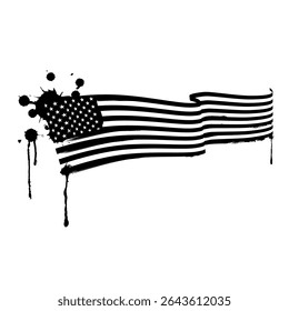 Ilustración vectorial de una bandera estadounidense ondeando en blanco y negro con textura grunge y pintura goteante. Símbolo de rebelión, libertad e identidad estadounidense alternativa.