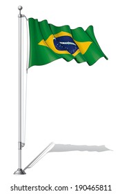 Vector Illustration of a waving Brazilian flag fasten on a flag pole. Flag and pole in separate layers, line art, shading and color neatly in groups for easy editing. 