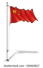 Vector Illustration of a waving Chinese flag fasten on a flag pole. Flag and pole in separate layers, line art, shading and color neatly in groups for easy editing. 