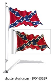 Vector Illustration of a waving Confederate Rebe  flag in a clean-cut and an aged version, fasten on a flag pole. Both versions are in-place in separate groups. Flags and pole in separate layers.