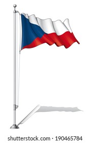 Vector Illustration of a waving Czech flag fasten on a flag pole. Flag and pole in separate layers, line art, shading and color neatly in groups for easy editing. 