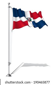 Vector Illustration of a waving Dominican flag fasten on a flag pole. Flag and pole in separate layers, line art, shading and color neatly in groups for easy editing. 