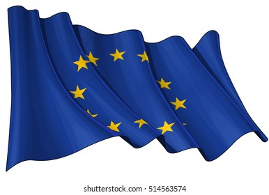 Vector Illustration of a waving EU flag against white background. All elements neatly organized. Lines, Shading & Flag Colors on separate layers for easy editing.