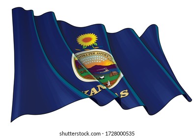 Vector illustration of a Waving Flag of the State of Kansas. All elements neatly on well-defined layers and groups.