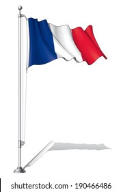 Vector Illustration of a waving French flag fasten on a flag pole. Flag and pole in separate layers, line art, shading and color neatly in groups for easy editing. 
