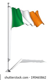 Ilustración vectorial de una bandera irlandesa ondeando en un asta de bandera. Bandera y palo en capas separadas, arte de línea, sombreado y color cuidadosamente en grupos para una fácil edición. 