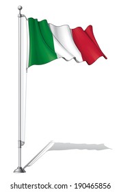 Vector Illustration of a waving Italian flag fasten on a flag pole. Flag and pole in separate layers, line art, shading and color neatly in groups for easy editing. 