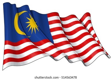 Vector Illustration of a waving Malaysian Flag. All elements neatly organized. Lines, Shading & Flag Colors on separate layers for easy editing.