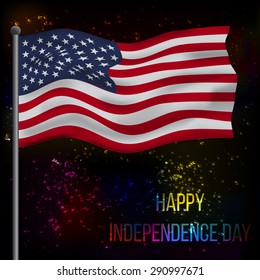 Vector illustration of waving national flag of the United States of Amercia on dark background with bright sparkles and text "Happy Independence Day"