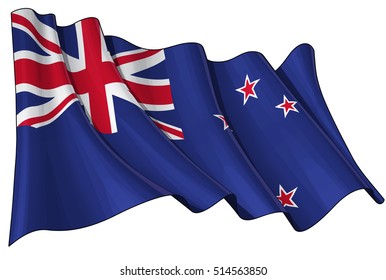 Vector Illustration of a Waving New Zealand Flag. All elements neatly organized. Lines, Shading & Flag Colors on separate layers for easy editing.