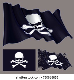 Vector illustration of the waving pirate flag, jaw-less skull and crossbones. Each element on a separate layer with well-defined groups and subgroups. Easy to edit colors via Global Color