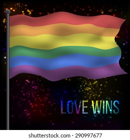 Vector illustration of waving rainbow LGBT flag on dark background with bright sparkles and text "Love wins"