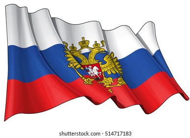 Vector Illustration Of A Waving Russian State Flag(with The Eagle Ensign). All Elements Neatly Organized. Lines, Shading & Flag Colors On Separate Layers For Easy Editing.