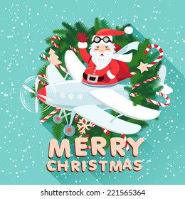 Vector illustration Waving Santa Claus on the plane inside the Christmas wreath with sack full of presents. Flat style