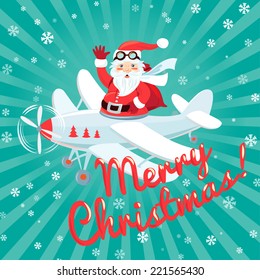 Vector illustration Waving Santa Claus flying on the plane with sack full of presents. Flat style