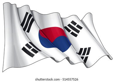 Vector illustration of a waving South Korean flag. All elements neatly organized. Lines, Shading & Flag Colors on separate layers for easy editing.