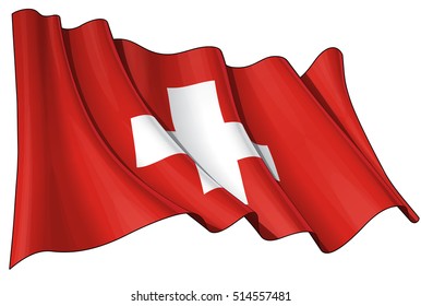 Vector Illustration of a waving Swiss Flag. All elements neatly organized. Lines, Shading & Flag Colors on separate layers for easy editing.