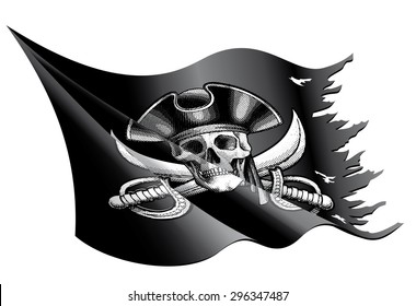 Vector illustration of a waving and torn Pirate Flag with Skull, Crossbones and a Pirate Hat