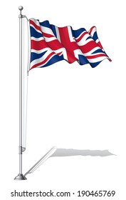 Vector Illustration Of A Waving UK Flag Fasten On A Flag Pole. Flag And Pole In Separate Layers, Line Art, Shading And Color Neatly In Groups For Easy Editing. 