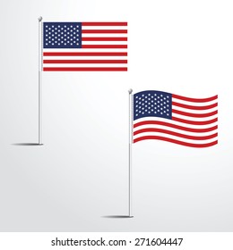 Vector Illustration Of A Waving United State Of America USA Flag Fasten On A Flag Pole. Flag Blowing In A Breeze. Vector Illustration Template Design