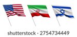 Vector illustration of waving United States of America, Islamic Republic of Iran and Israel flags related to Middle East war conflict