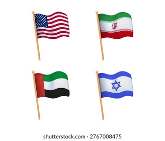 Vector illustration of waving United States of America, Islamic Republic of Iran, Israel and OAE flags. Middle East war conflict. World politics, minimal modern flags on flagstock waving on wind