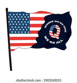 Vector illustration of waving USA flag with 'Q' letter and tagline used by supporters of Trump, disproven conspiracy theory, anon, alternative right and militia movement during storming of US Capitol