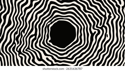 Ilustração vetorial com linhas onduladas concêntricas em preto e branco formando uma ilusão ótica dinâmica em torno de um vazio central. O moderno estilo de arte de linha psicodélica.