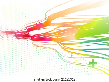 Vector illustration of wavy curved colored lines on dotted white background