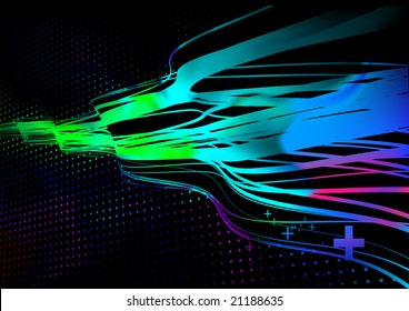 Vector illustration of wavy curved colored lines on dotted black background.
