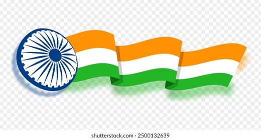 Vector illustration of wavy India flag with Ashoka Chakra on transparent background