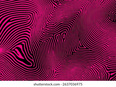 Vector illustration of wavy neon pink lines on black, creating a hypnotic, surreal pattern in modern digital op art style. This bold, rave-inspired aesthetic is popular in today’s visuals.
