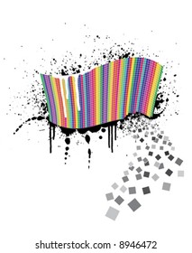 Vector illustration of a wavy rainbow wall full of squares with black ink splatter below it and white paint over it. Little squares falling away.