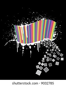 Vector illustration of a wavy rainbow wall full of squares with black ink splatter below it and white paint over it. Little squares falling away. Black background.