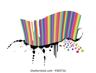 Vector illustration of a wavy rainbow wall full of squares with black ink splatter below it and white paint over it. Little squares falling away.