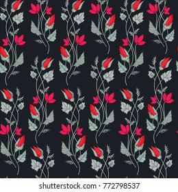 Vector illustration of wavy red and pink flowers branches and grey leaves on dark navy background. Seamles pattern.