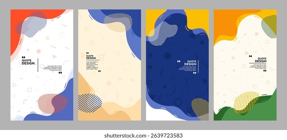 Vector illustration. Wavy shapes and memphis pattern background. Colorful childish wallpaper. Design elements for flyer, coupon, voucher, vertical banner, social media. Trendy abstract colorful style