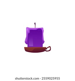 Vector illustration of wax candle with wick and stand with handle. Purple candle for rituals or Halloween decor. Flat cartoon style. Isolated background.