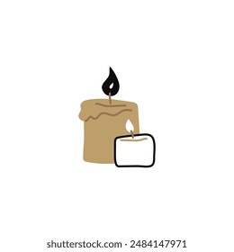 Vector illustration of wax candles with black and light flames on a white background. Bright light objects for decoration of events and magical rituals