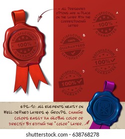 Vector Illustration of a wax seal with a set of stamps regarding Satisfaction Guarantee subjects. All design elements neatly on well-defined layers and groups 