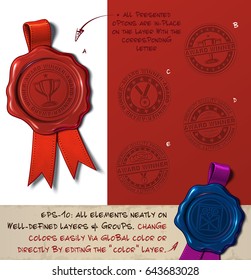 Vector Illustration of a wax seal with a set of stamps regarding Award Winner subjects. All design elements neatly on well-defined layers and groups 